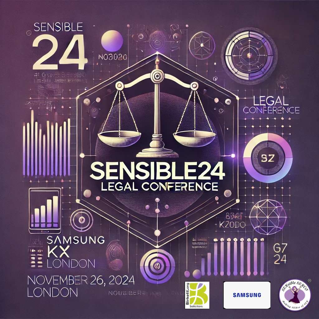 Promotional graphic for the SENsible24 Legal Conference on November 26, 2024, at Samsung KX in London. The conference focuses on SEND law, EHCPs, and funding, aimed at SENCOs, Head Teachers, and Governors. Visual elements include scales of justice and subtle legal symbols on a purple background reflecting professionalism and legal expertise.