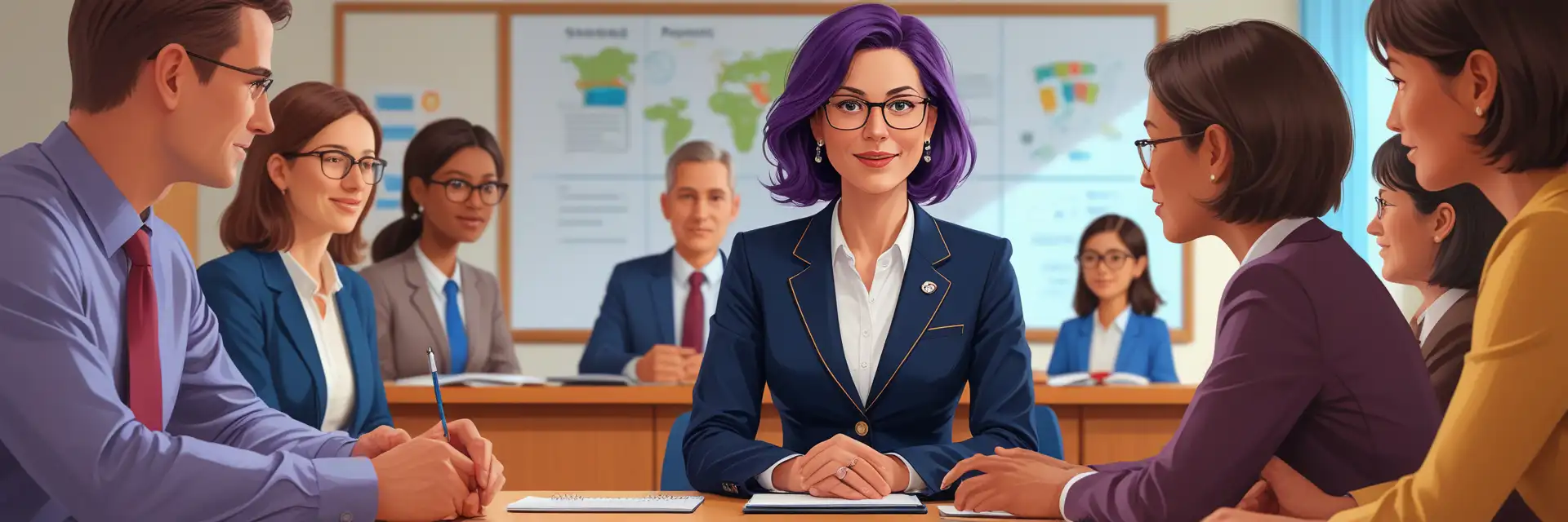 A modern, professional illustration of an experienced female SEND expert in a meeting with school officials and parents. The expert, a confident and knowledgeable woman in her late 40s with glasses, is explaining the IRP process. She is wearing a smart blazer and has a notepad and laptop in front of her. The school officials and parents are engaged, listening intently. The background is a well-lit conference room with an education-themed setting. The atmosphere is professional yet welcoming.