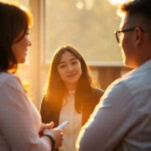 Warm golden hour light bathes a scene of a consultant providing clear practical advice to school leaders, soft dreamy atmosphere, hazy soft light reminiscent of sunrise or sunset